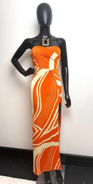 "Citrus Swirl" Strapless Thigh-Slit Maxi