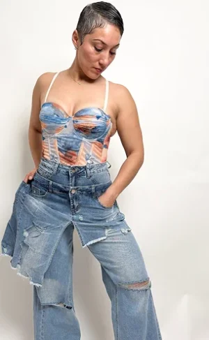 Reconstructed Double-Layer Wide Leg Jeans