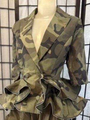 Camouflage Ruffled Peplum Jacket w/ Zippered Hem