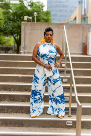 Blue Marble High-Neck Wide Leg Jumpsuit