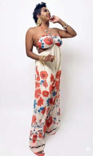 Tropical Bloom Halter Wide-Leg Jumpsuit