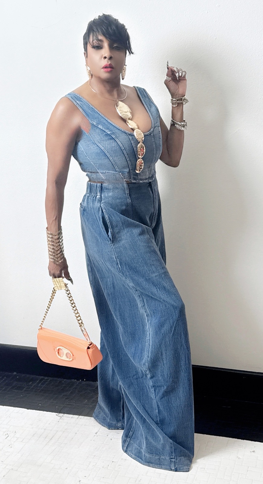 Denim High-Waist Wide-Leg & Corset Two-Piece Set